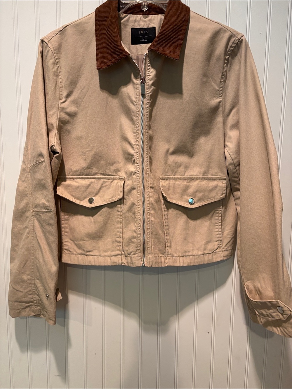 Iris Beige Cotton Bomber Jacket with Brown Corduroy Collar Sz M